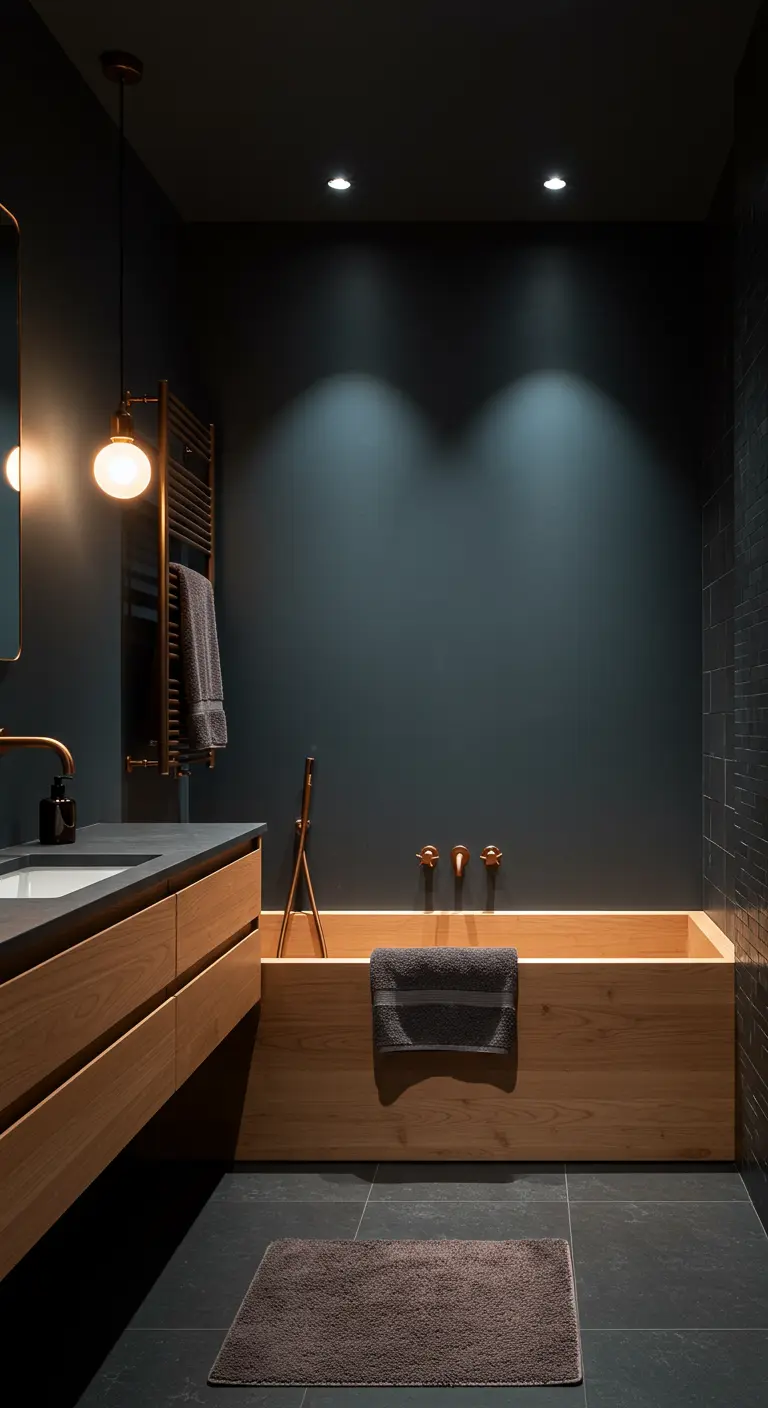 A dark, moody bathroom featuring a square wooden soaking tub (ofuro).