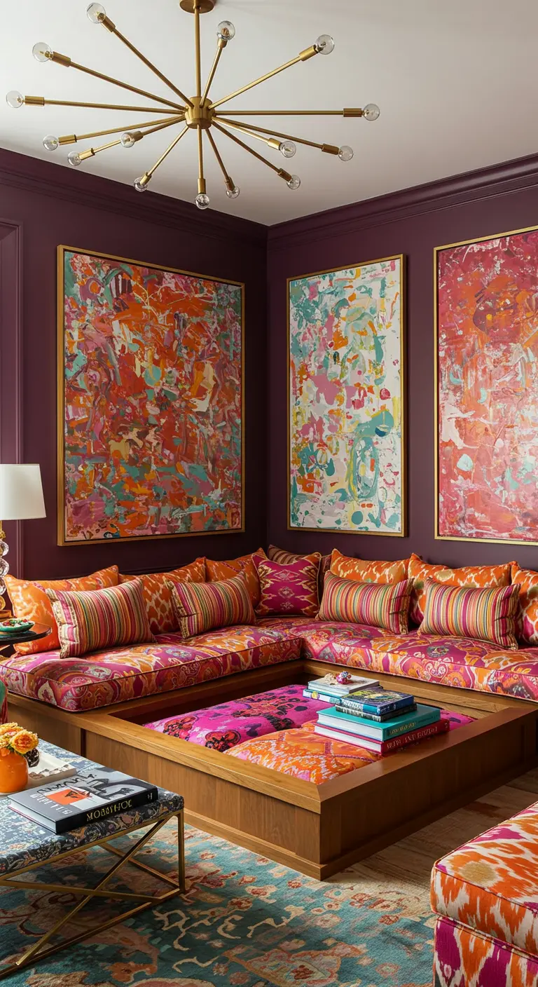 Living room with a sunken conversation pit, purple walls, and large colorful abstract art.