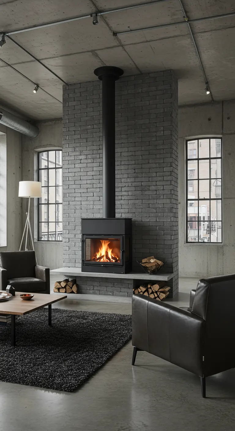 Modern living room with a grey brick fireplace column and concrete ceiling.