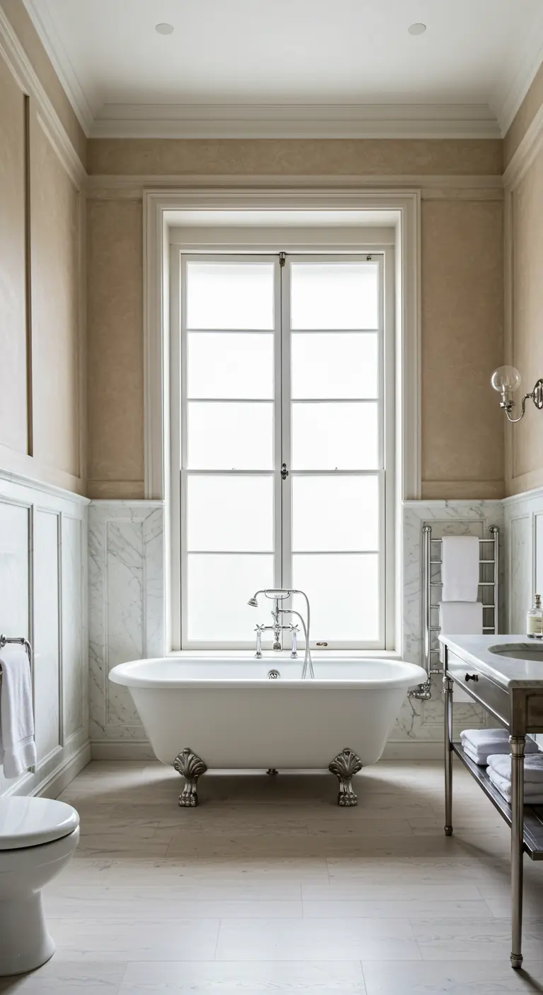Neoclassical bathroom with a central clawfoot tub, marble wainscoting, and large frosted window.