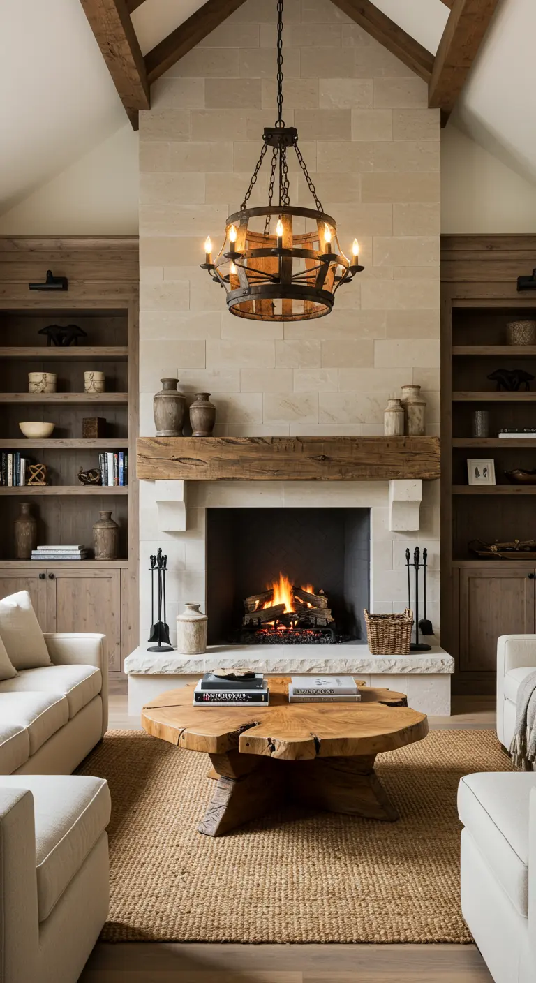 Living room with a stone fireplace, reclaimed wood mantel, and a live-edge coffee table.
