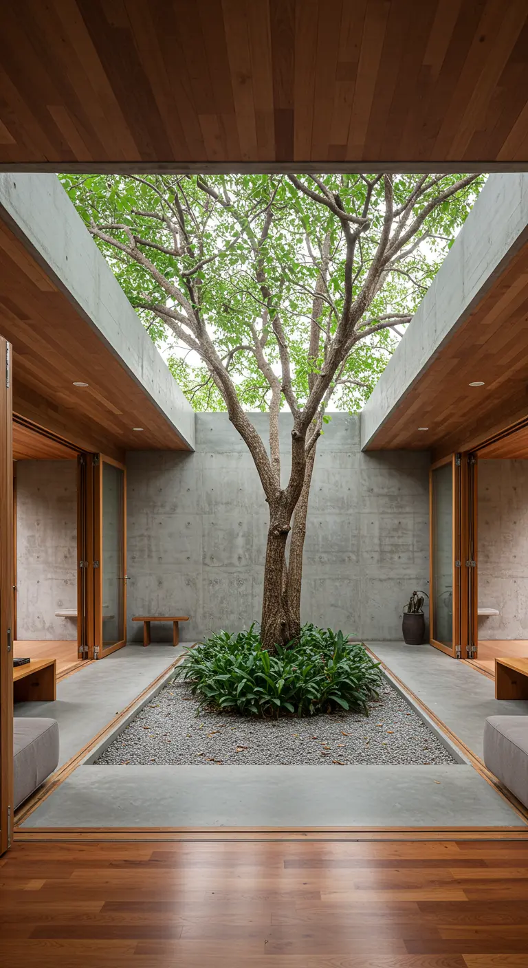 Symmetrical courtyard with a large tree at its center, surrounded by concrete and wood.