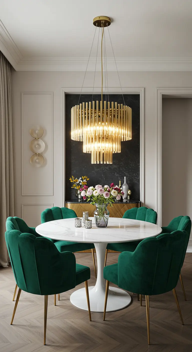 Dining room with a large, tiered brass chandelier over a white round table and emerald green velvet chairs.