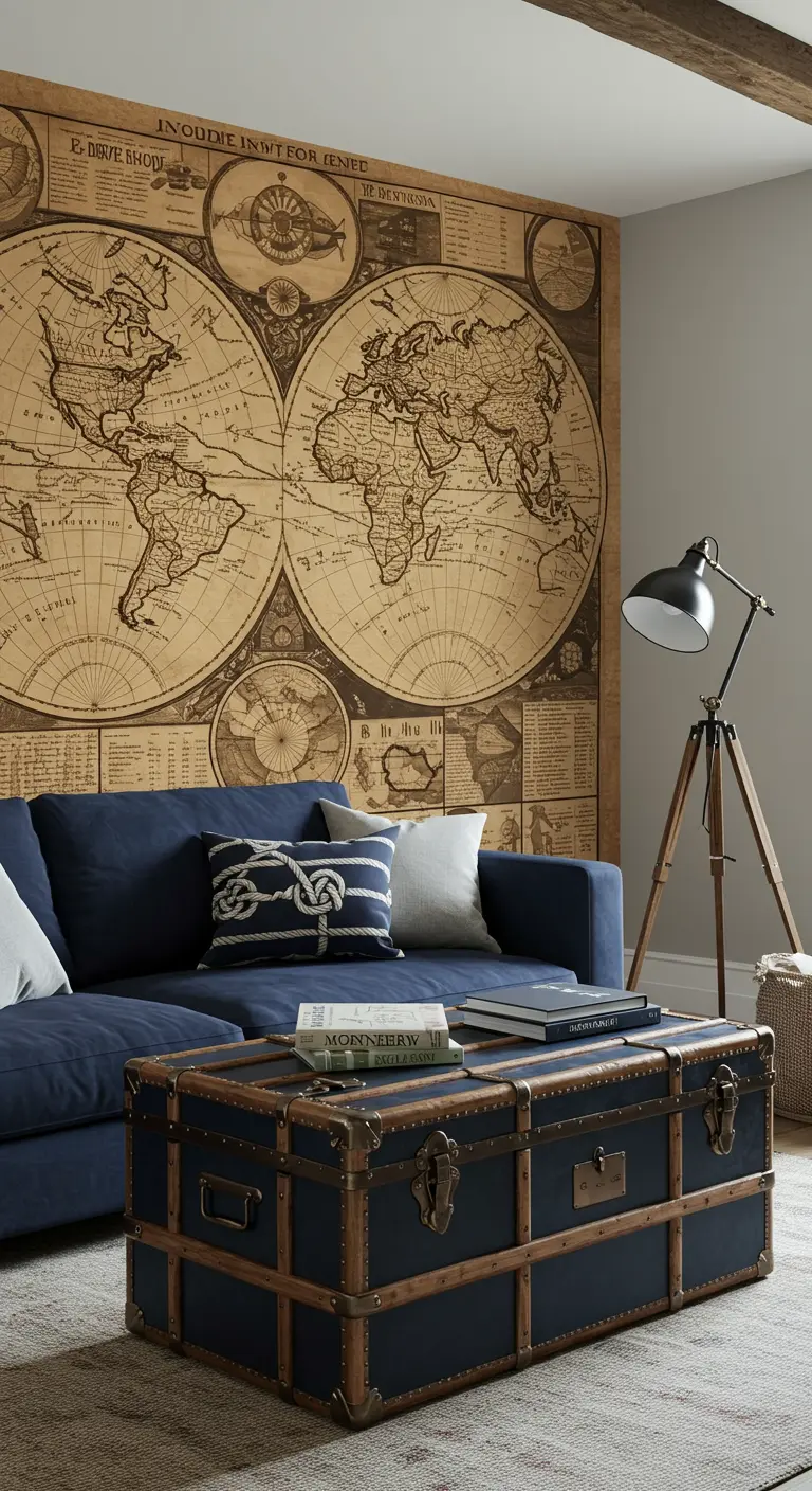 Living room featuring a large vintage world map mural behind a navy blue sofa and trunk coffee table.