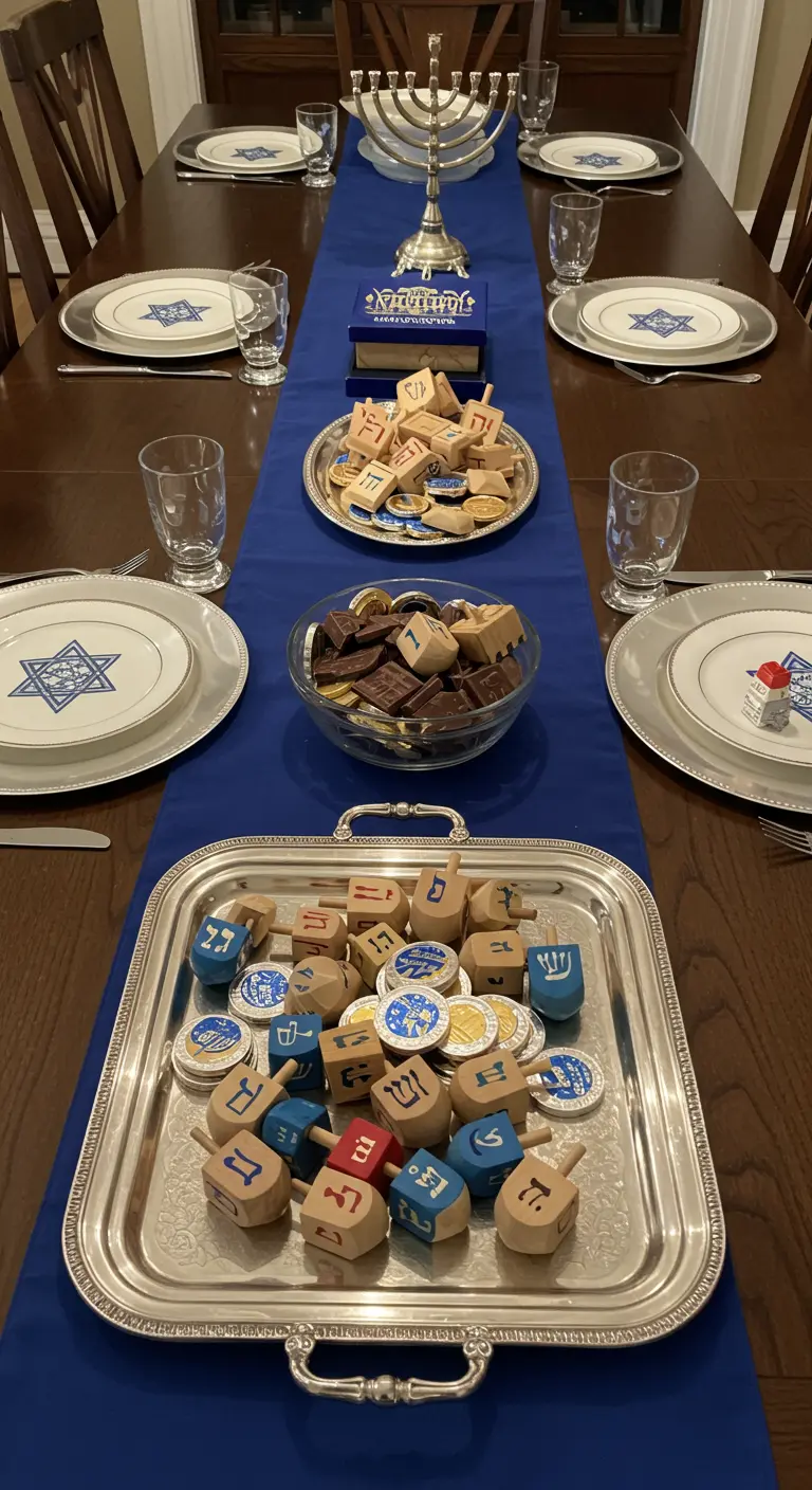 A Hanukkah table centerpiece made of silver trays filled with dreidels and chocolate gelt.