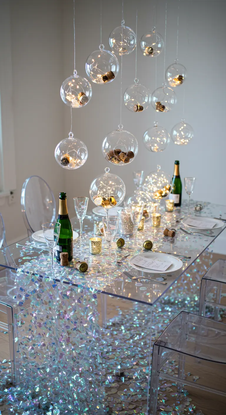 A modern table with clear glass ornaments filled with corks hanging above it like bubbles.