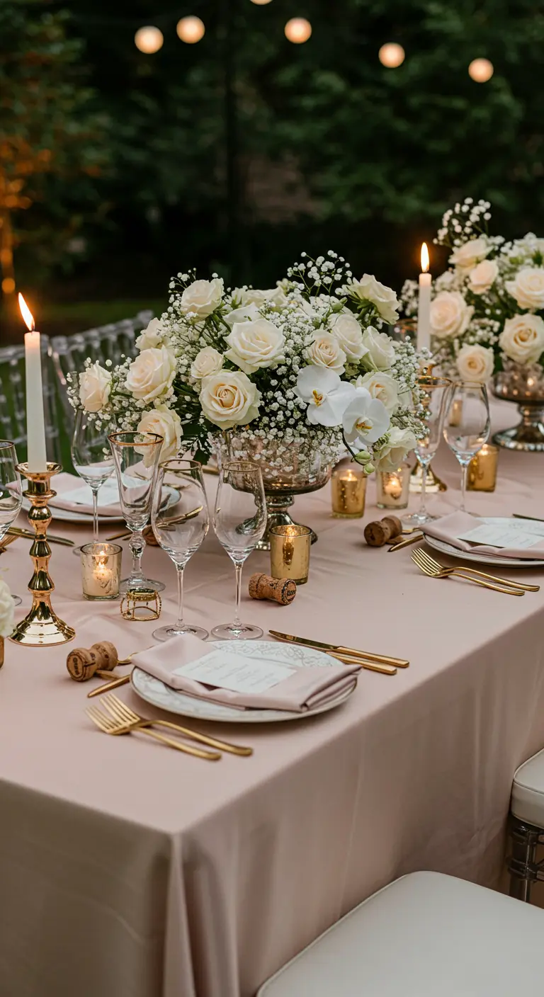 Romantic evening table setting with dozens of candles and bouquets of white roses.