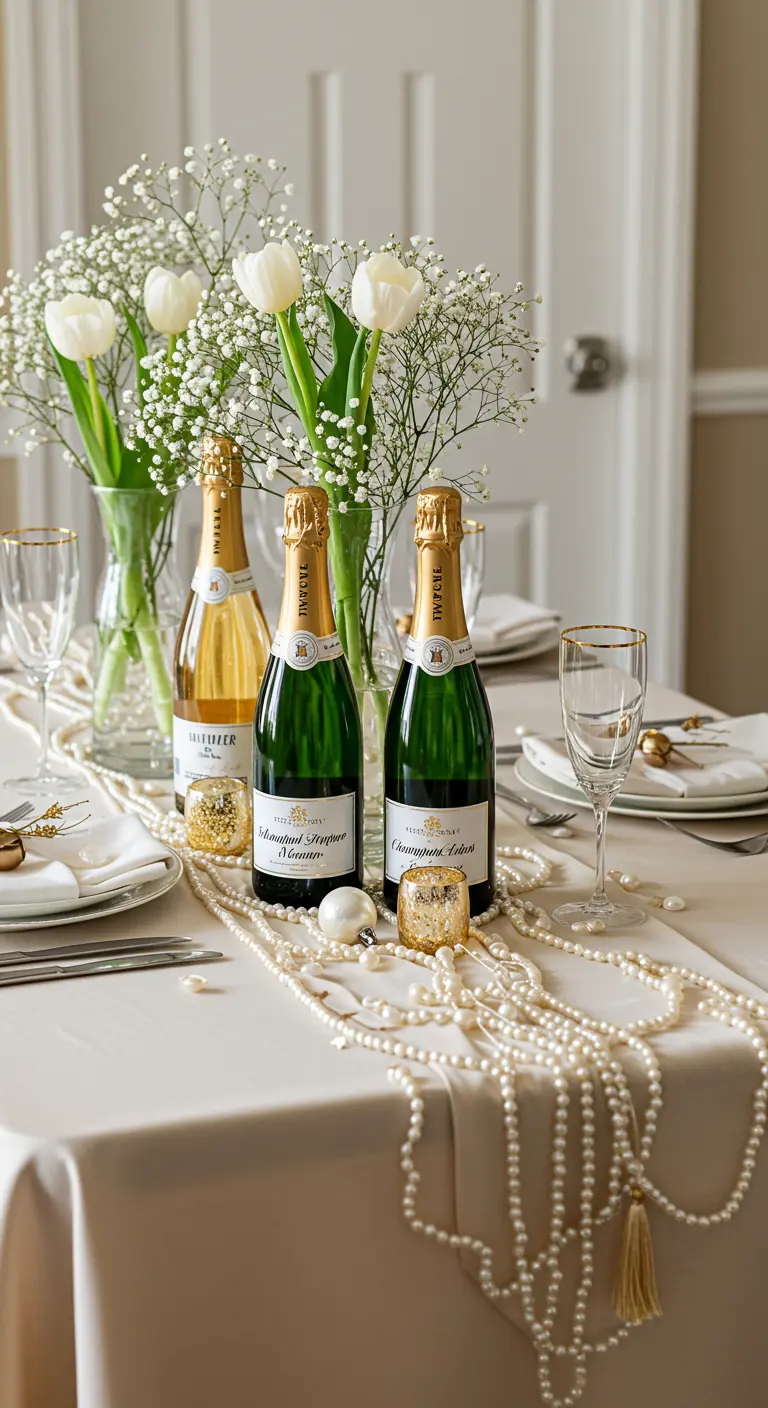 An elegant table decorated with champagne bottles, pearls, and white flowers as a centerpiece.