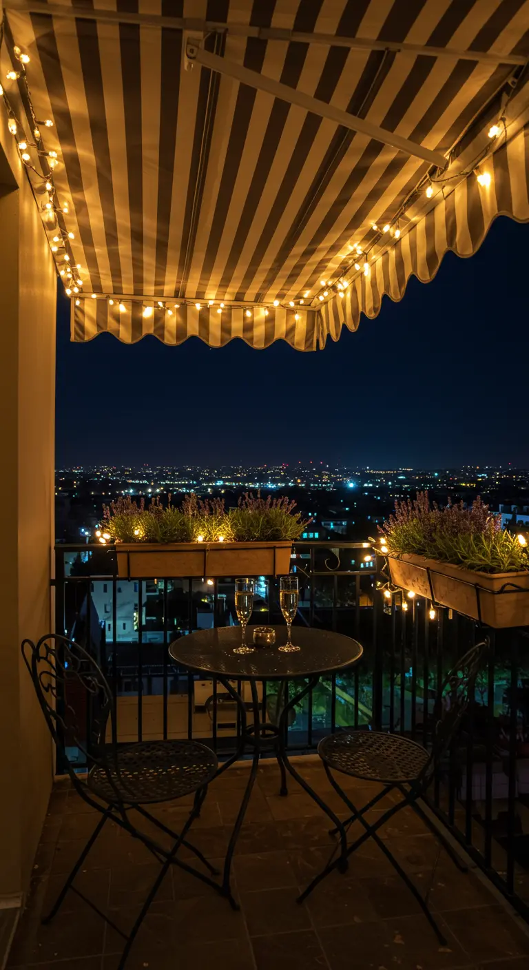 A balcony at night with string lights, glowing lavender boxes, and champagne glasses.