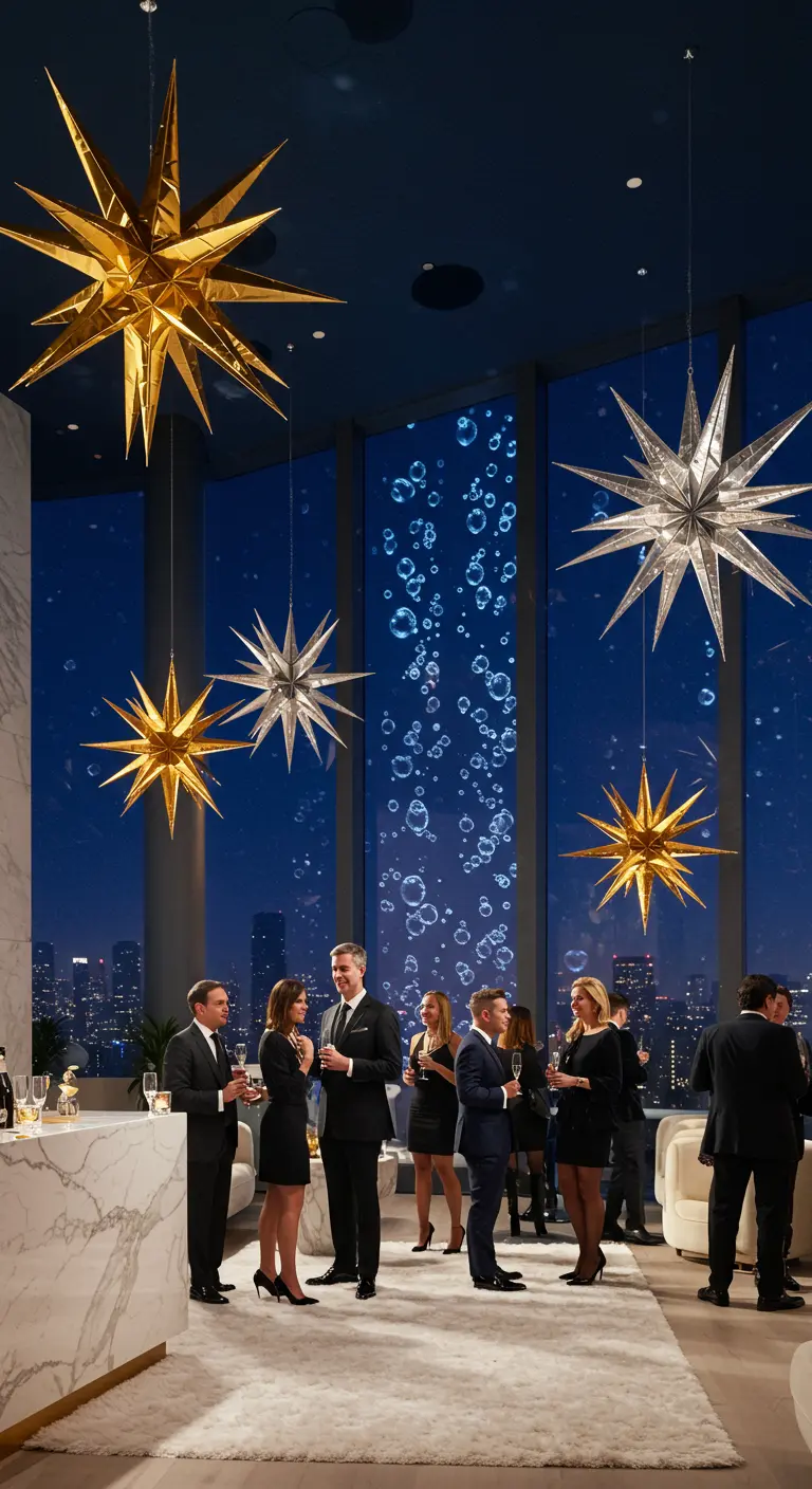 Guests at a chic party with large gold and silver hanging stars and bubble-effect windows.