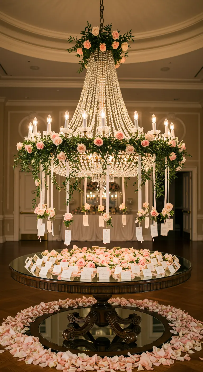 A crystal chandelier adorned with roses, with escort cards hanging from ribbons.