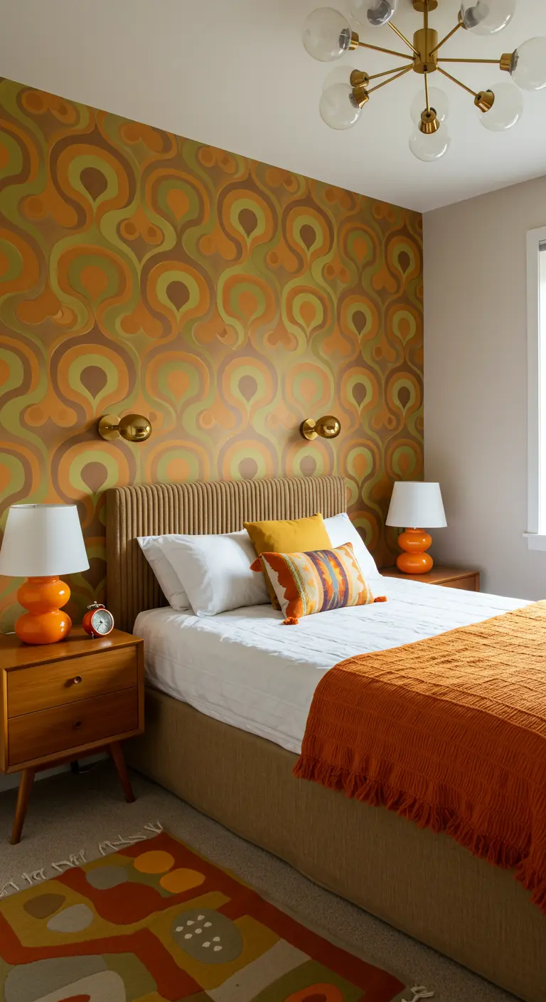 70s-inspired bedroom with psychedelic wallpaper, a tan headboard, and orange lamps.
