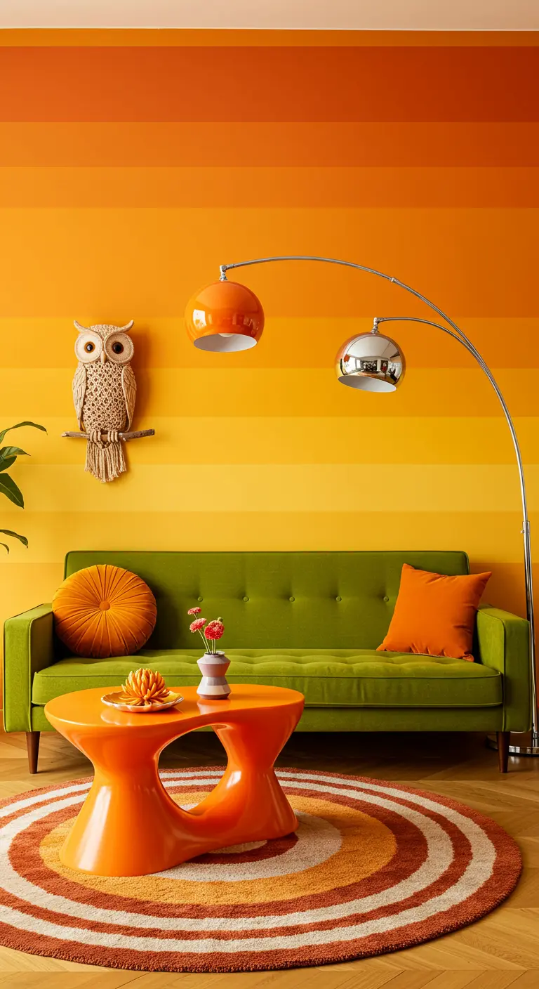 Green sofa and orange sculptural table against a striped orange and yellow wall.