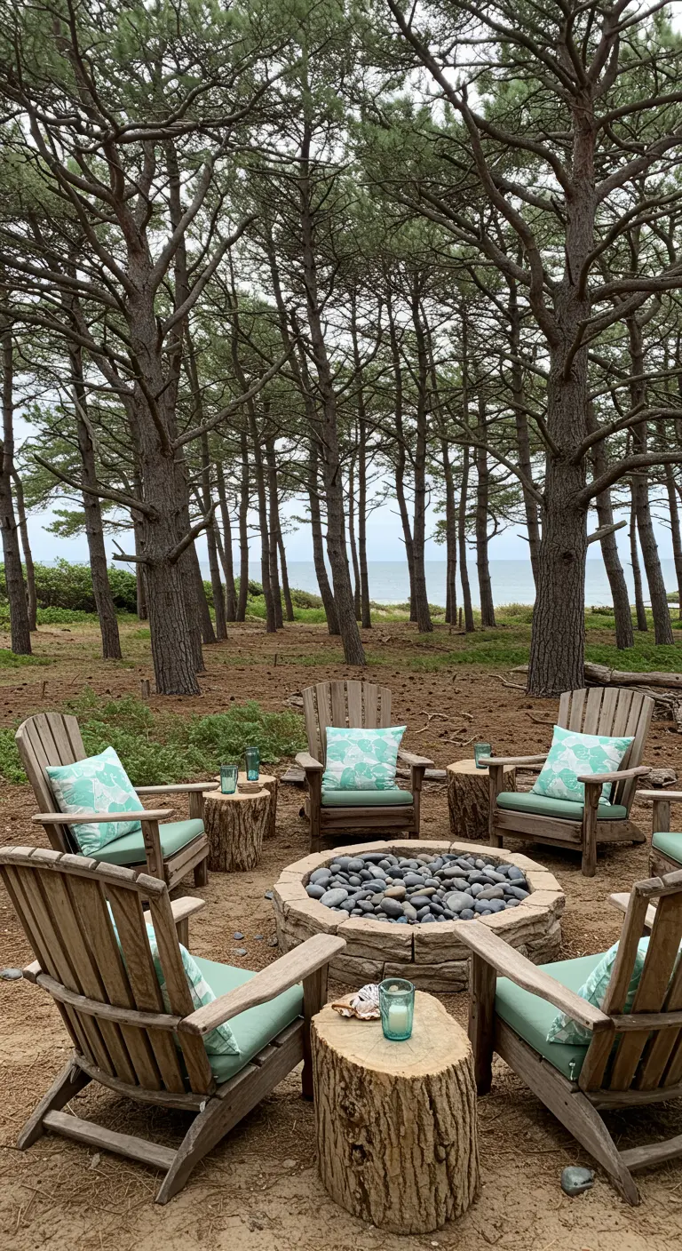 A coastal-themed fire pit with weathered chairs, light green cushions, and log side tables.