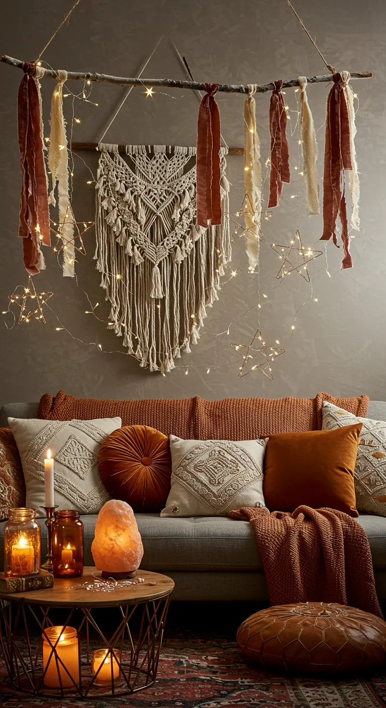 A cozy, boho-style living room with a macrame hanging, fairy lights, and warm textures.