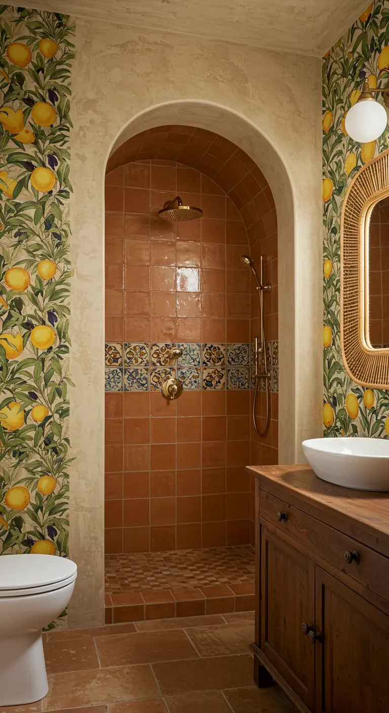 Bathroom with lemon-print wallpaper and an arched doorway leading to a tiled shower.