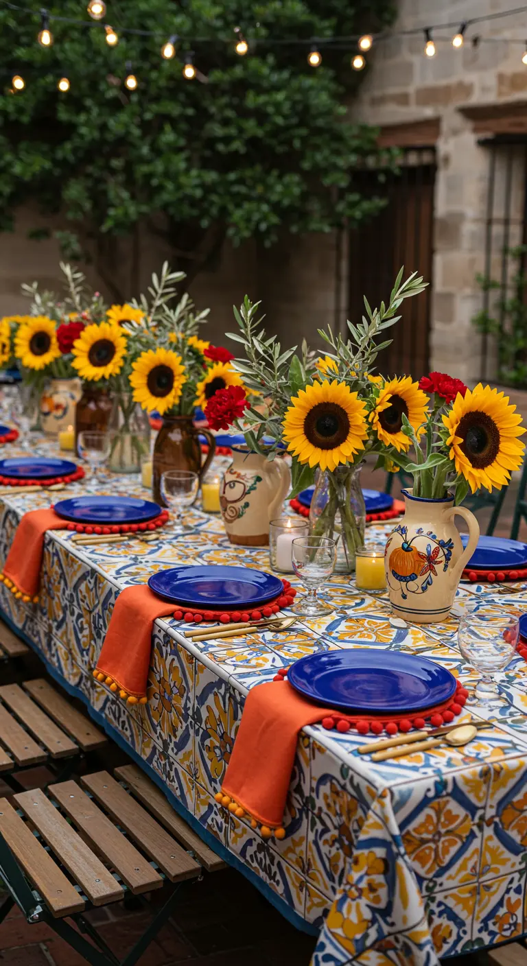 A vibrant Mediterranean-style outdoor table with a tile-print tablecloth, sunflowers, and blue plates.