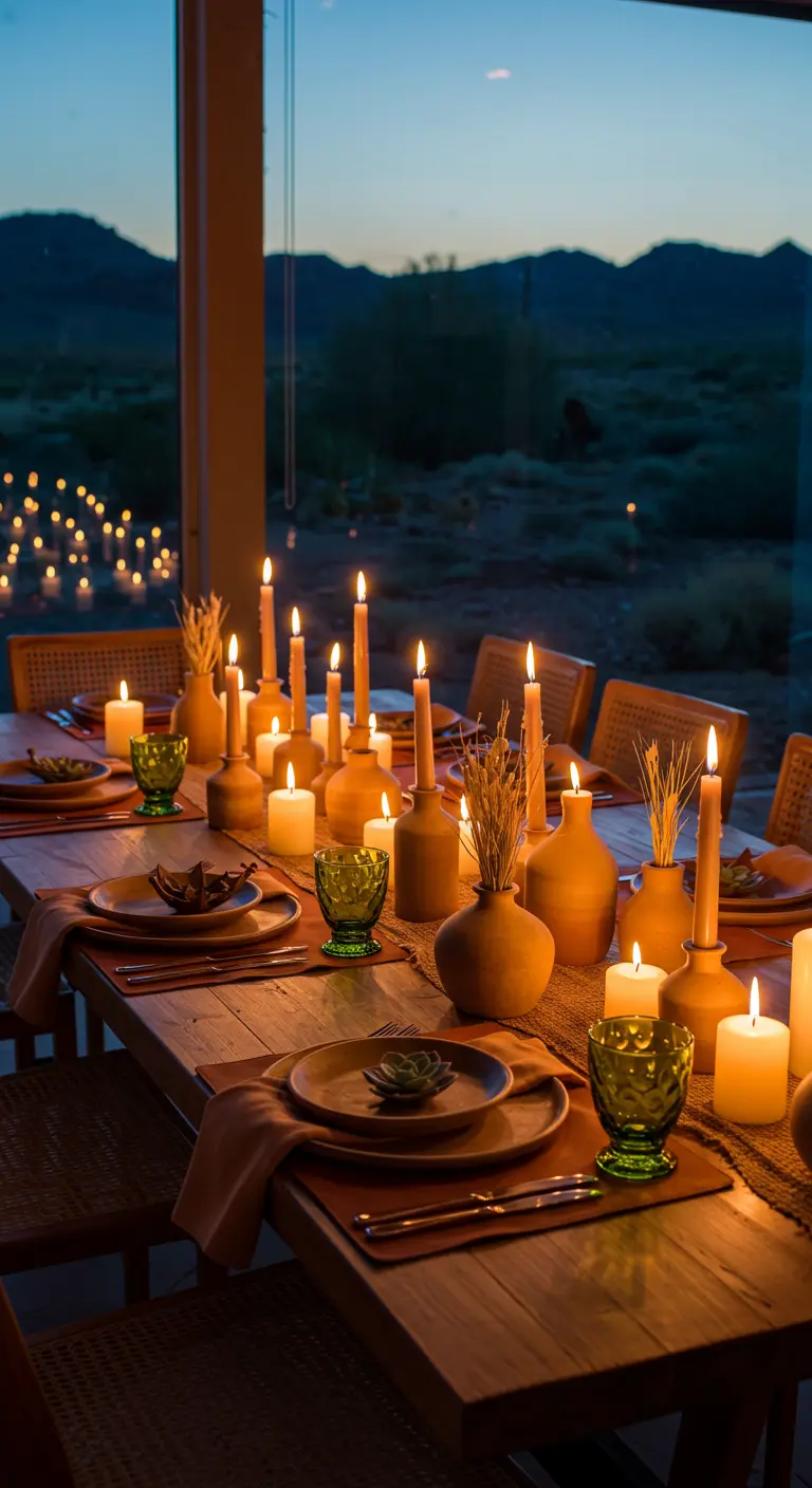 A dining table set against a sunset view with terracotta vases, dried grasses, and warm candles.