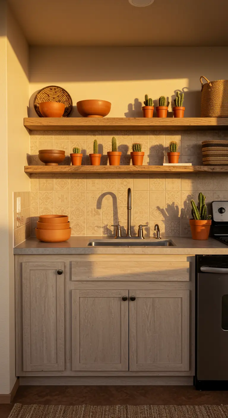 A kitchen with light wood shelves holding terracotta pots and cacti, creating a desert vibe.