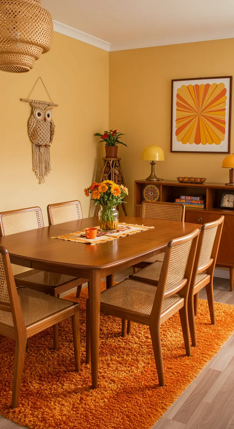 A 70s-inspired dining room with marigold walls, cane chairs, and a macramé owl.