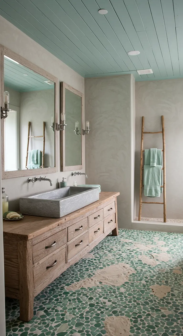 Earthy bathroom with a stone sink, rustic vanity, and sea-glass pebble floor.