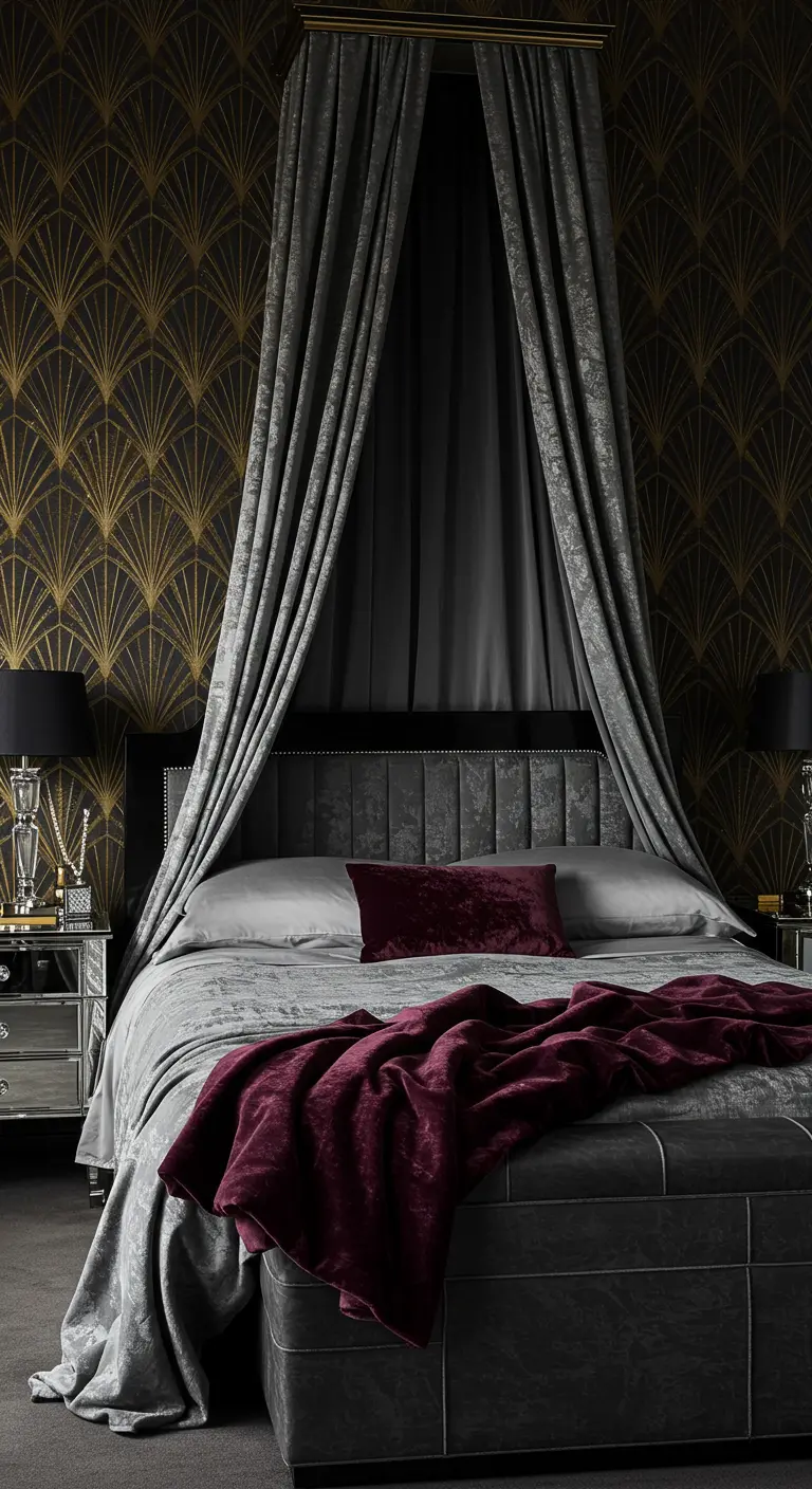 Art Deco bedroom with black and gold wallpaper, a grey canopy, and a plum throw.