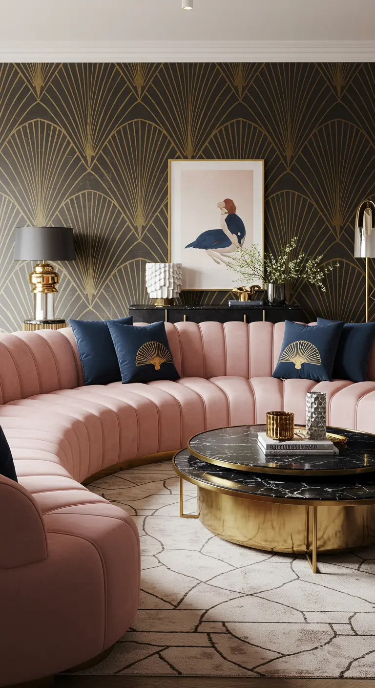 Curved blush pink sofa with Art Deco-style wallpaper and a black marble coffee table.