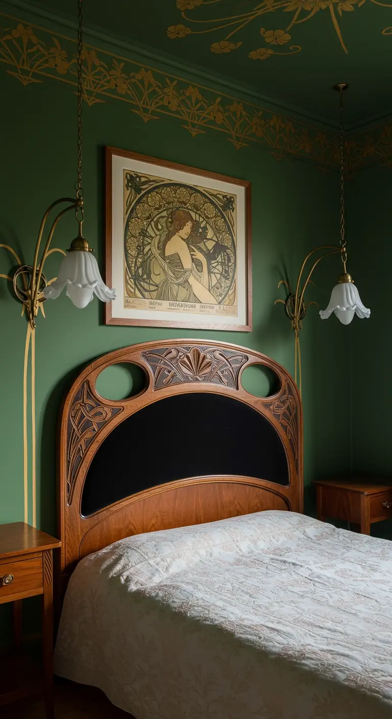 Green Art Nouveau-style bedroom with a carved wood headboard and vintage art.