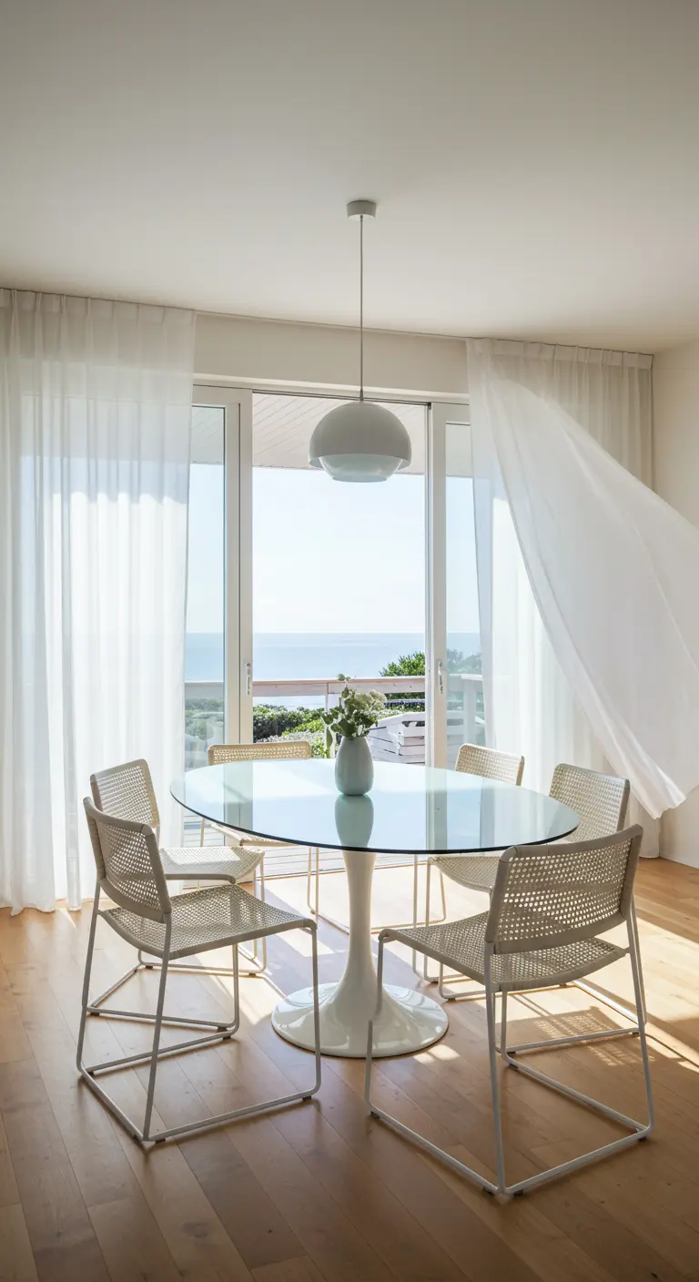 Round glass table with woven chairs and sheer curtains blowing in the breeze.