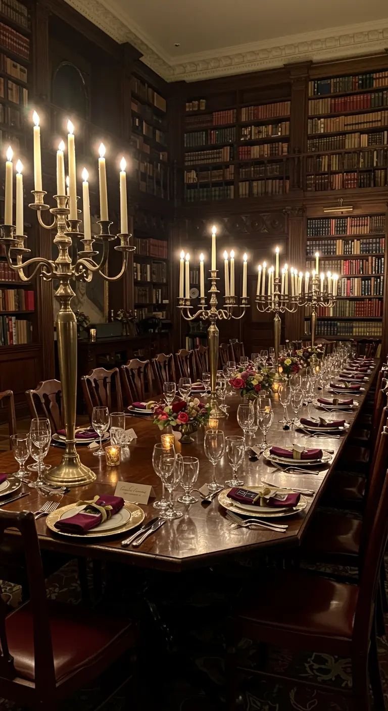 Long candlelit dining table in a grand library with tall brass candelabras.