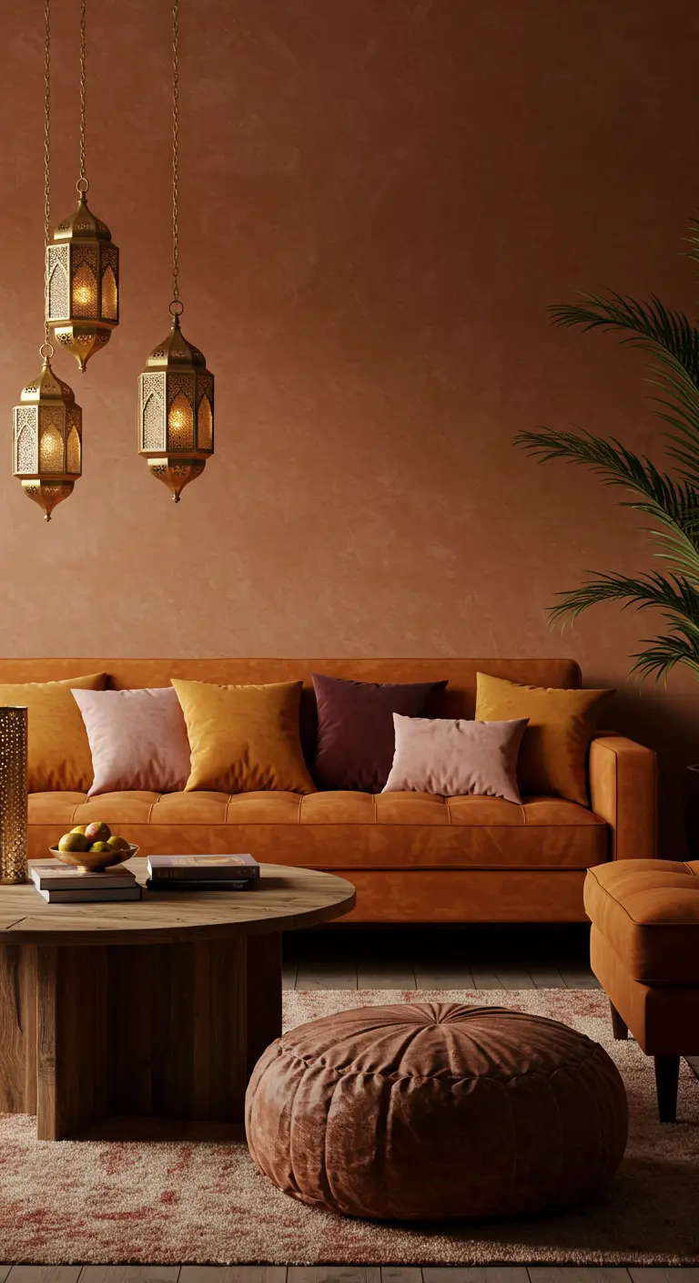 A living room with terracotta walls, a tan leather sofa, and hanging brass lanterns.