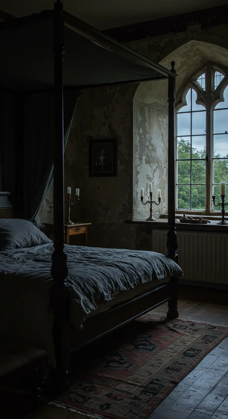 A moody, historic bedroom with a dark four-poster bed next to a large gothic arched window.