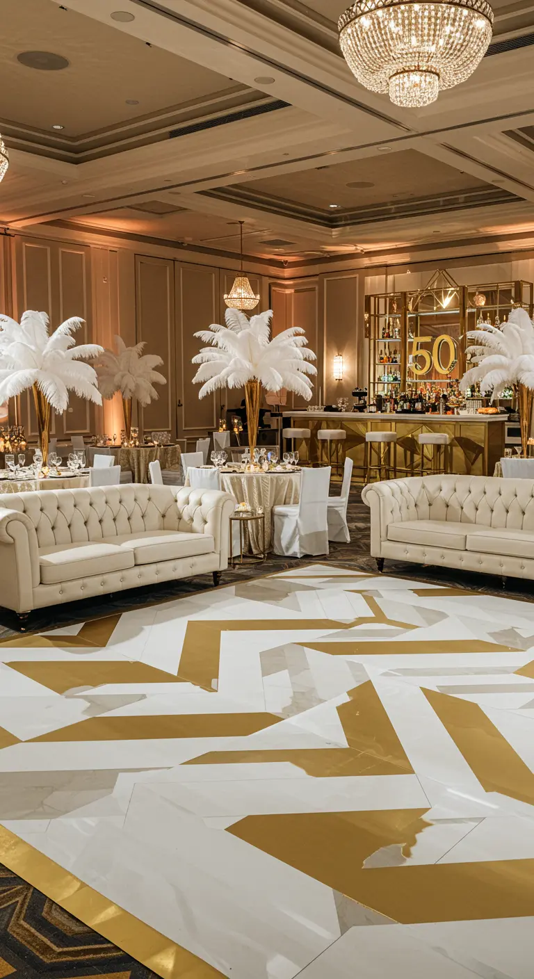A lavish party with white feather centerpieces, tufted sofas, and a gold and white geometric dance floor.