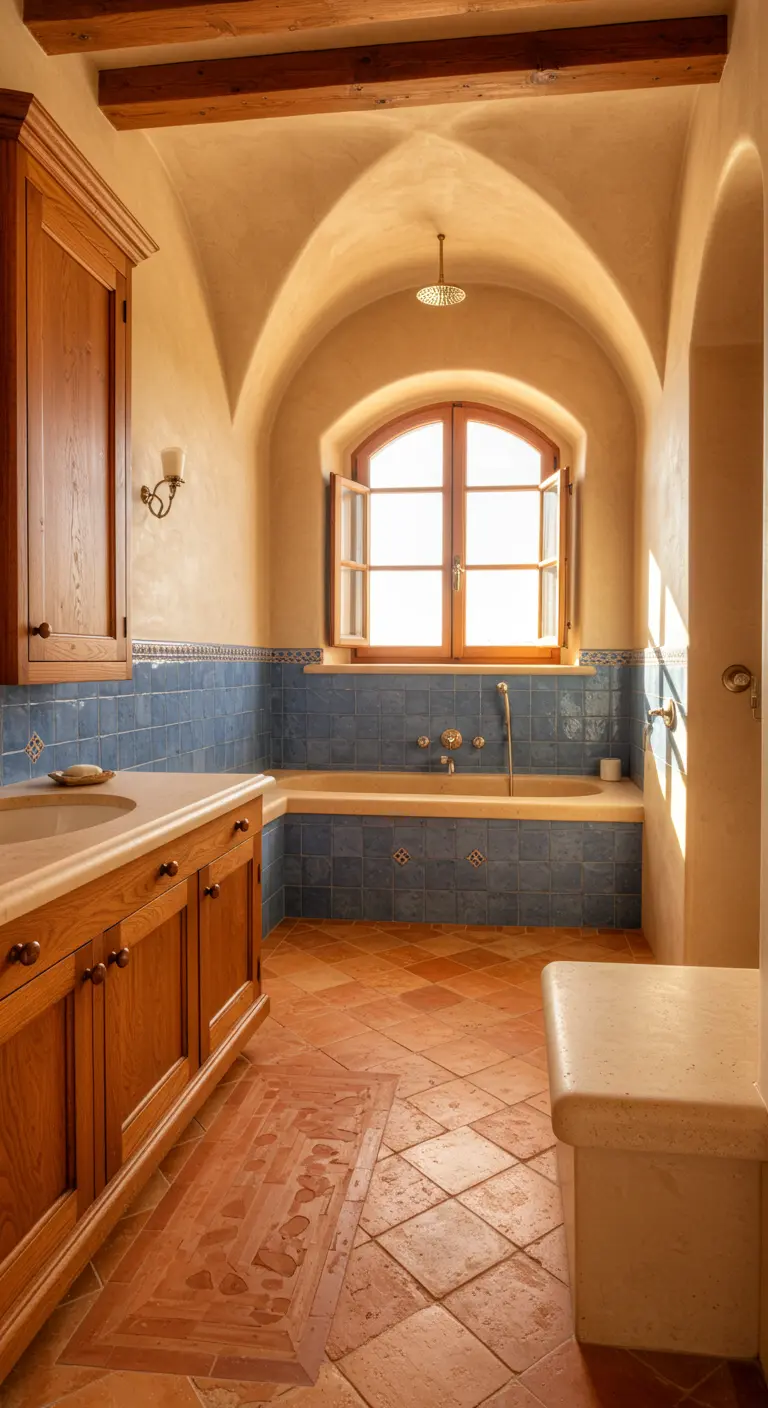 Mediterranean bathroom with terracotta floors, blue tiles, and a vaulted ceiling.