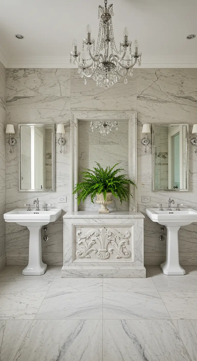 Symmetrical white marble bathroom with a large fern in an urn on an ornate console table.
