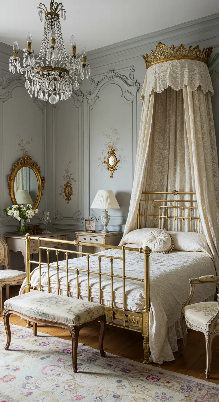 A Parisian-style bedroom with blue-grey walls, a crown canopy over a brass bed, and a chandelier.