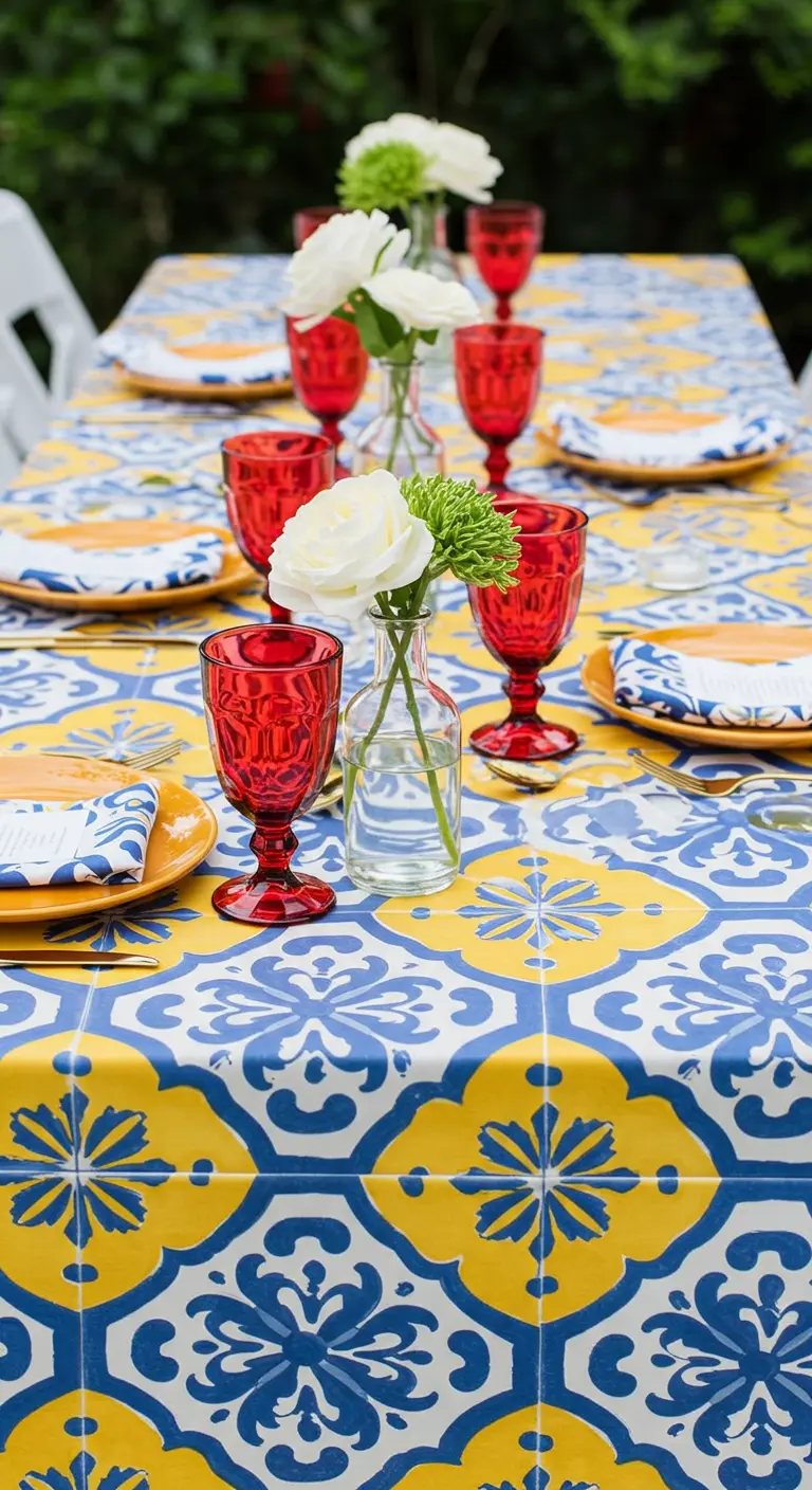 A table covered in a vibrant blue-and-yellow Portuguese tile-patterned tablecloth with red glassware.
