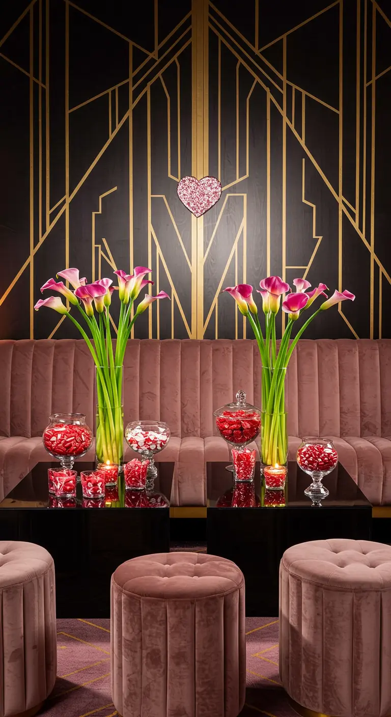 A lounge area with a black and gold Art Deco wall, dusty rose velvet seating, and a candy bar.