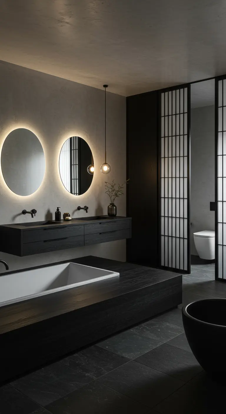Japandi-style bathroom with dark wood, backlit mirrors, and shoji screen doors.