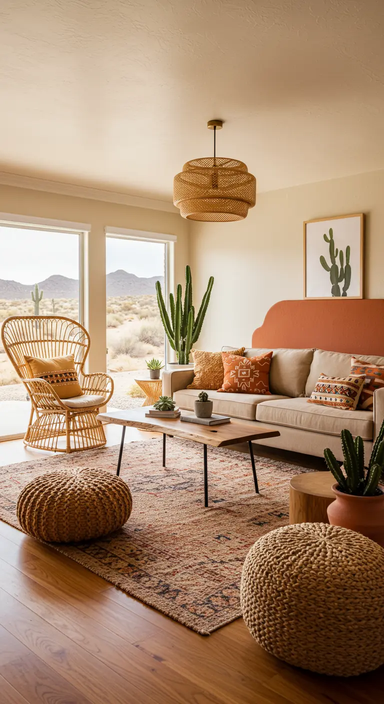 Desert-inspired living room with a terracotta-colored sofa, peacock chair, and cacti.