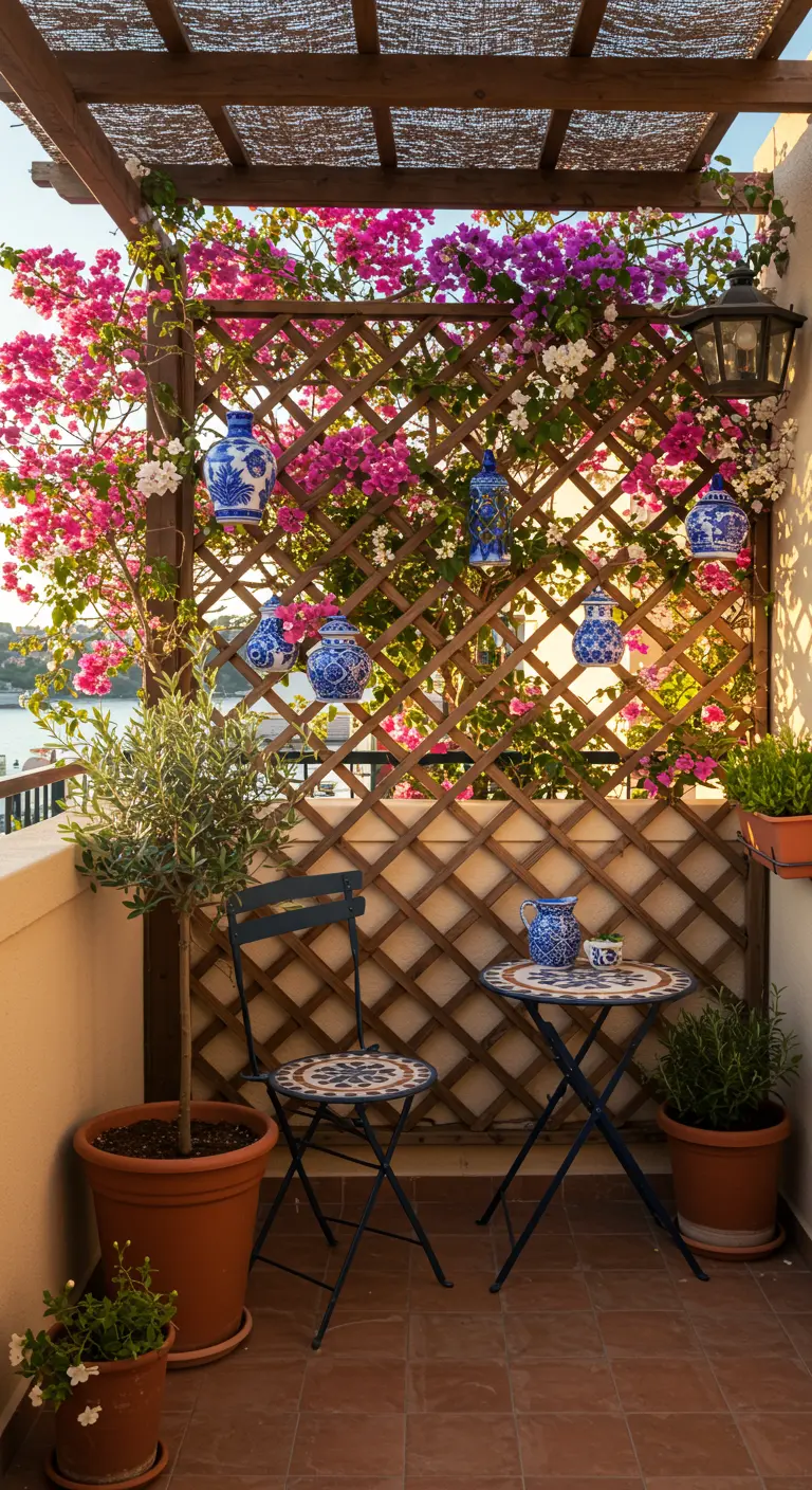 A sunny balcony with pink bougainvillea on a lattice and blue-and-white ceramics.