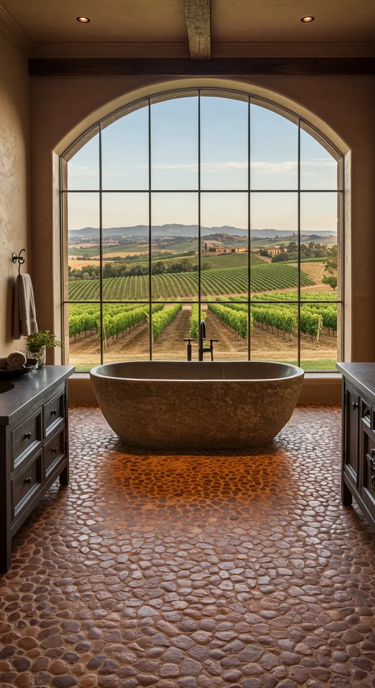 A large arched window in a bathroom overlooks rolling vineyard hills.