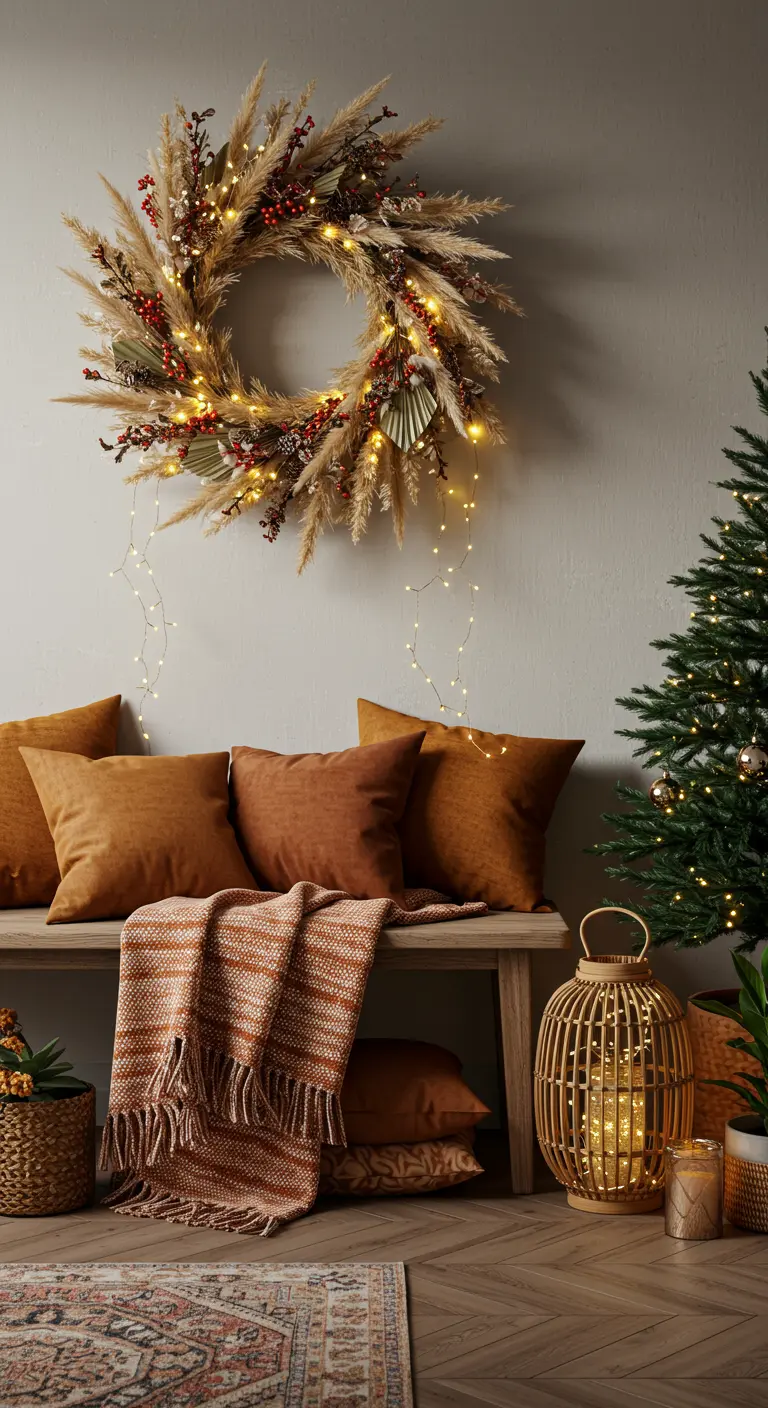 Boho Christmas entryway with a pampas grass wreath and terracotta-colored pillows.