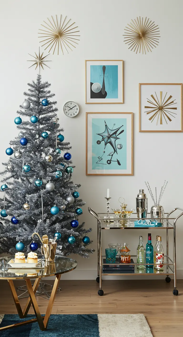 A silver Christmas tree with blue and silver ornaments next to a stylish bar cart.