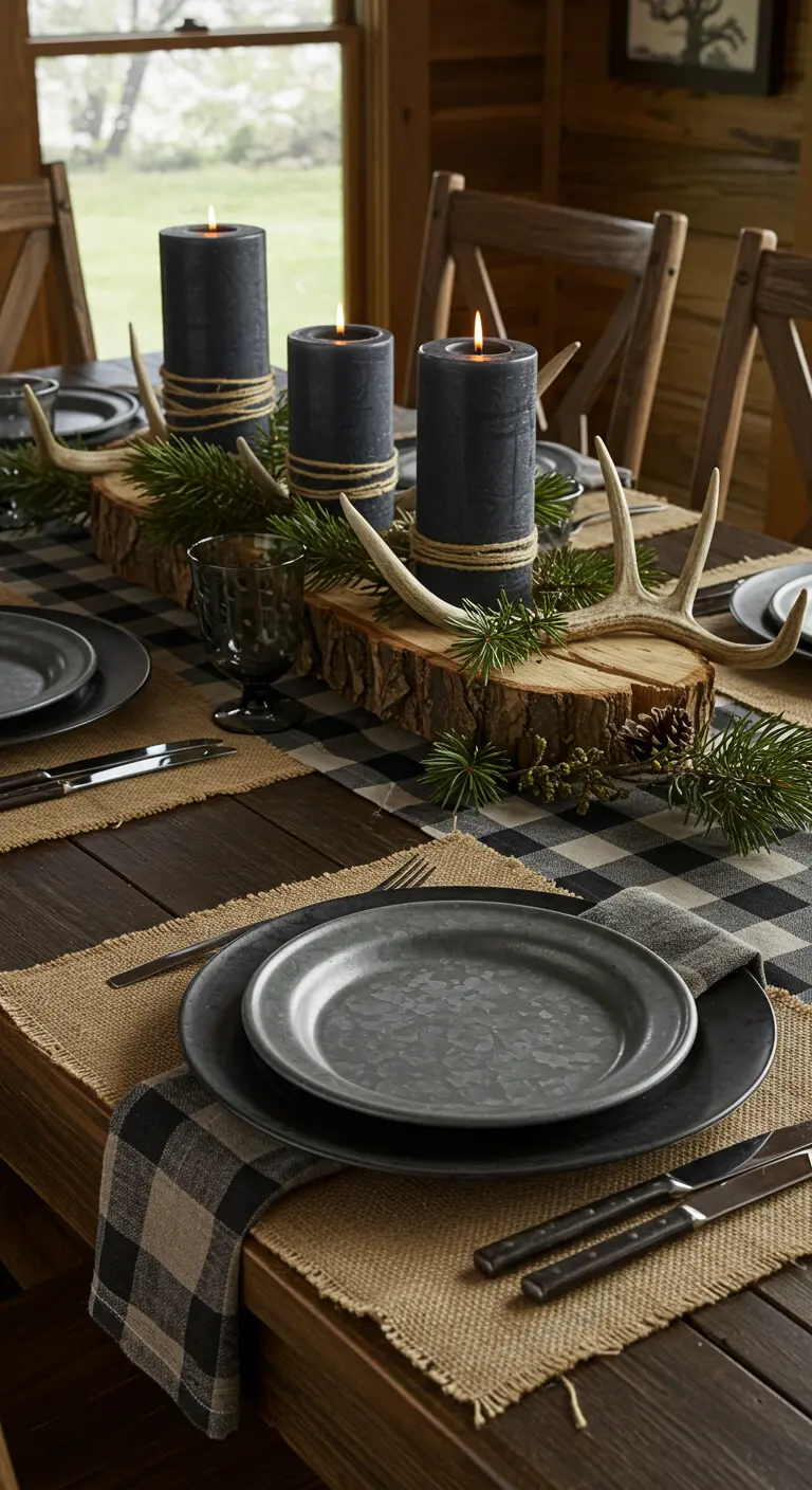 Rustic table with a log centerpiece decorated with antlers and black pillar candles.
