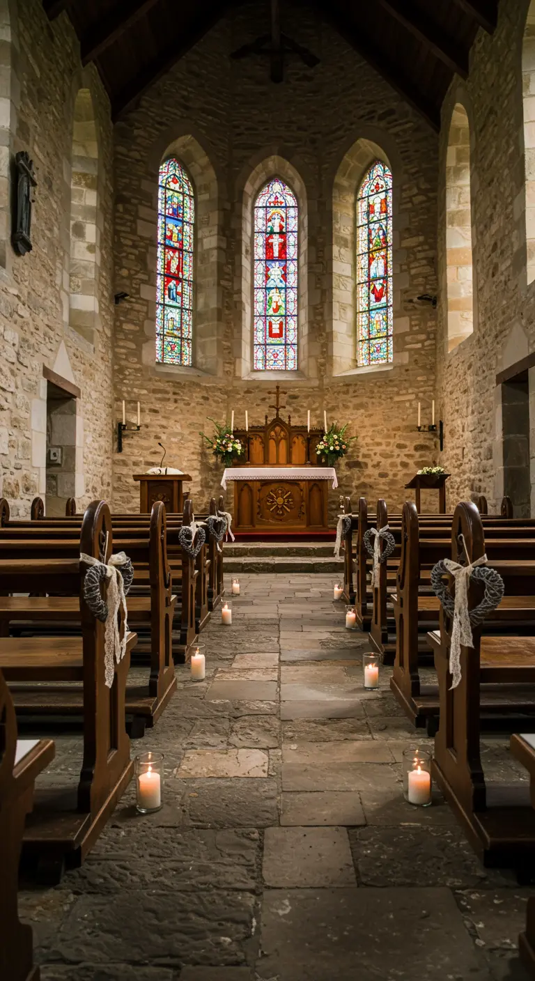 Church pews decorated with small heart wreaths, lace, and candles.