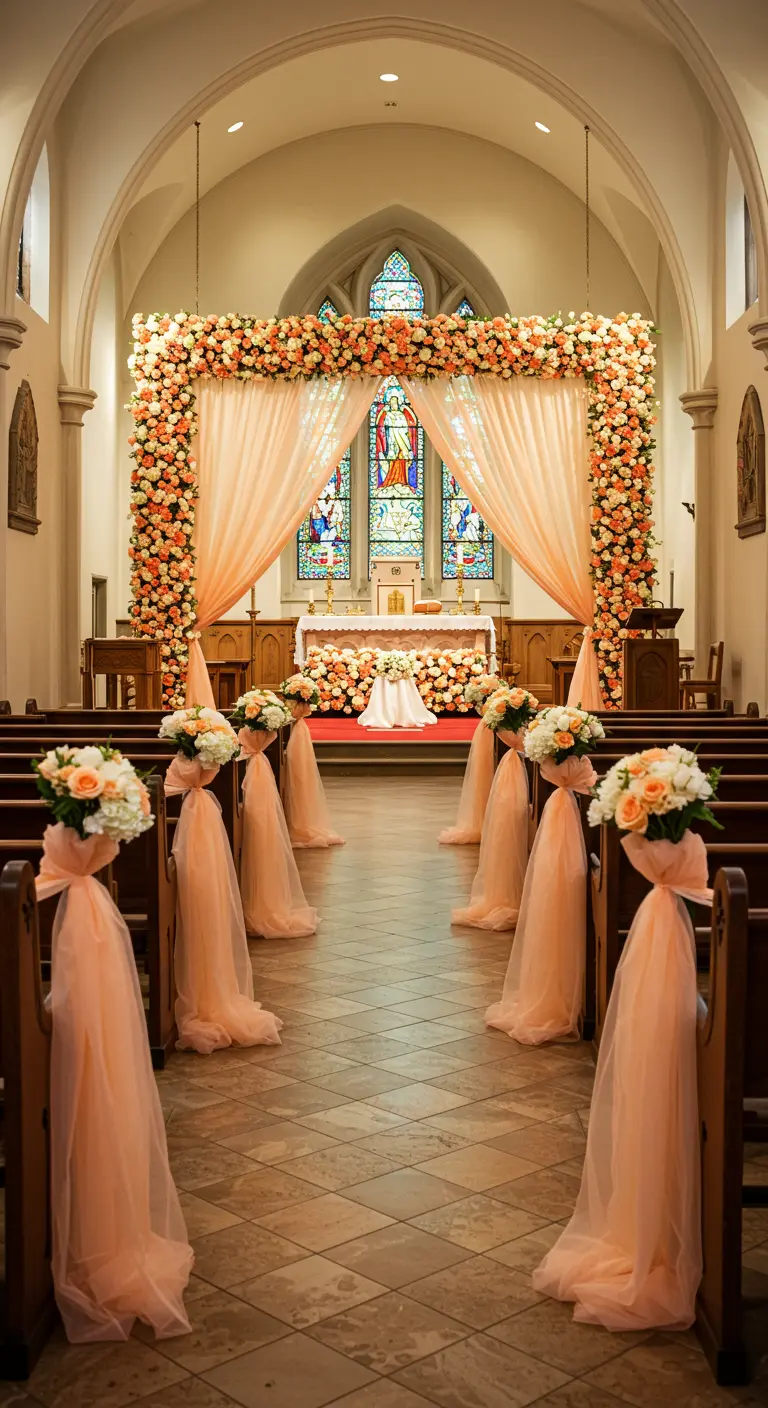 Church altar framed by a massive peach floral arch, with matching pew decor.