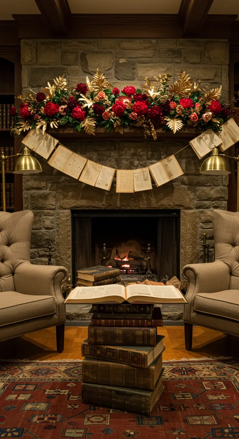 Fireplace mantel decorated with a red and gold floral swag and a book page garland.