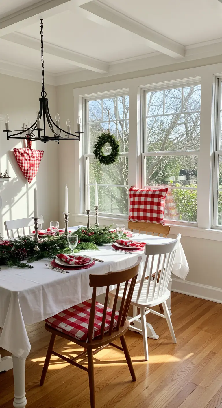A bright dining room with a table set with red gingham napkins and chair cushions.
