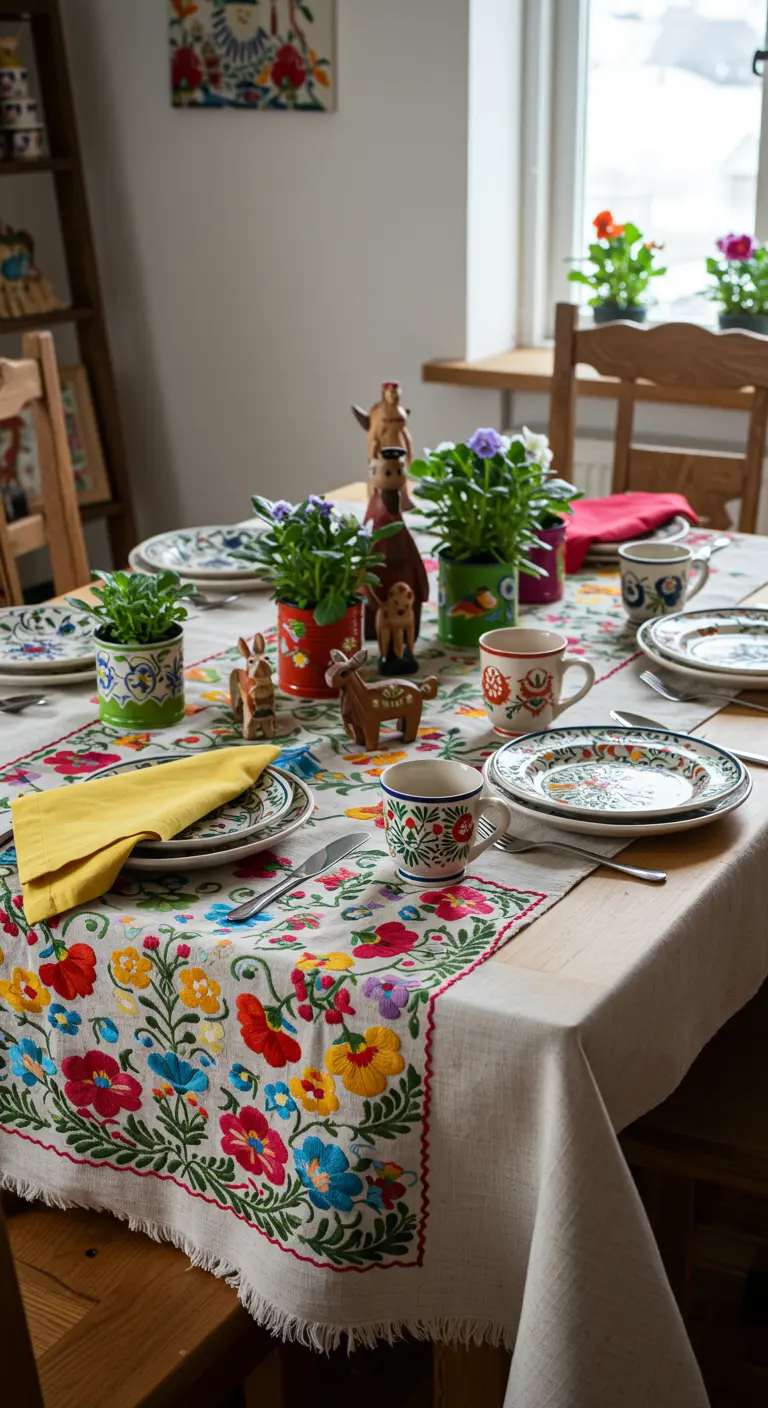 A cozy, folk-art inspired table setting with an embroidered floral runner and potted violets.